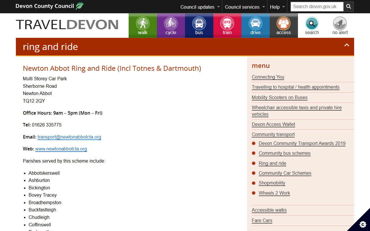 Newton Abbot Community website screenshot showing their bus services and timetable information