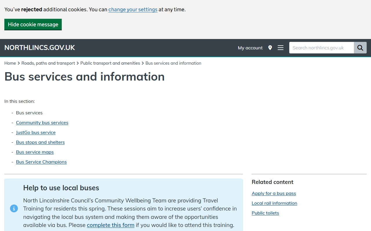 North Lincolnshire Counc website screenshot showing their bus services and timetable information