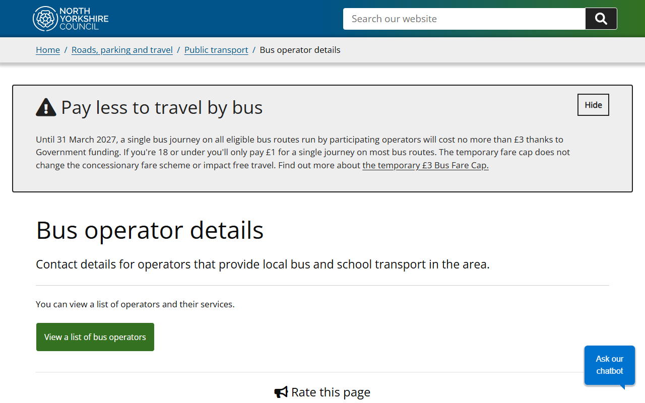 North Yorkshire Council website screenshot showing their bus services and timetable information