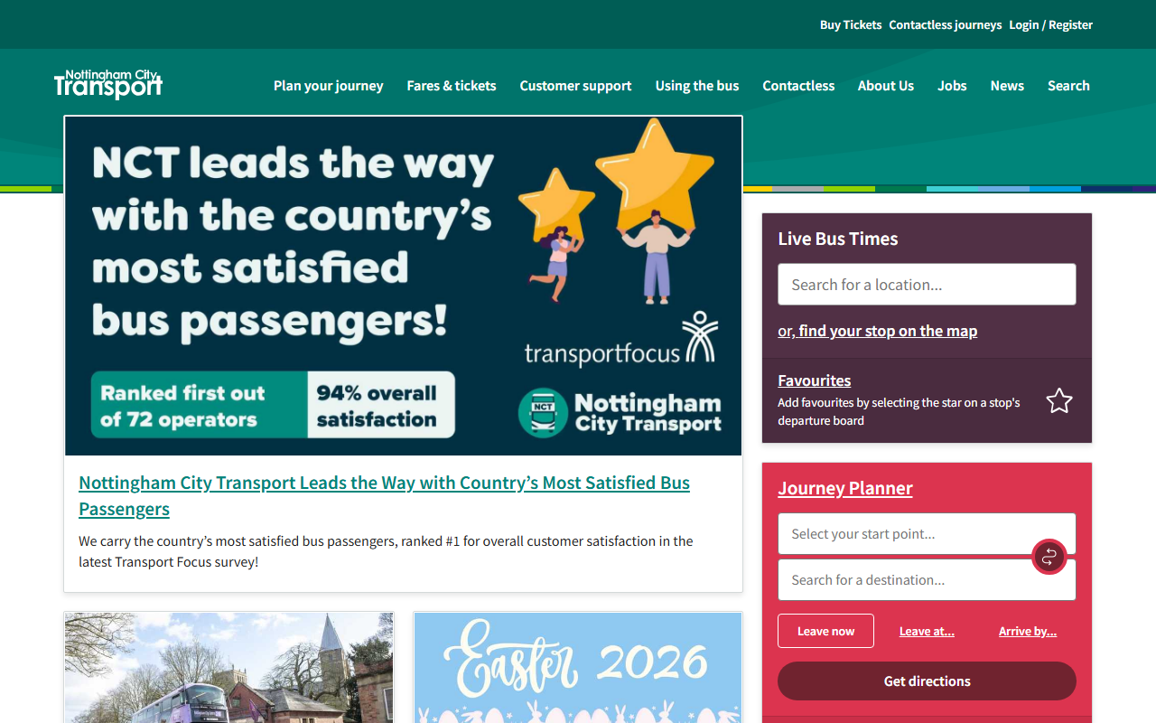 Nottingham City Transport website screenshot showing their bus services and timetable information