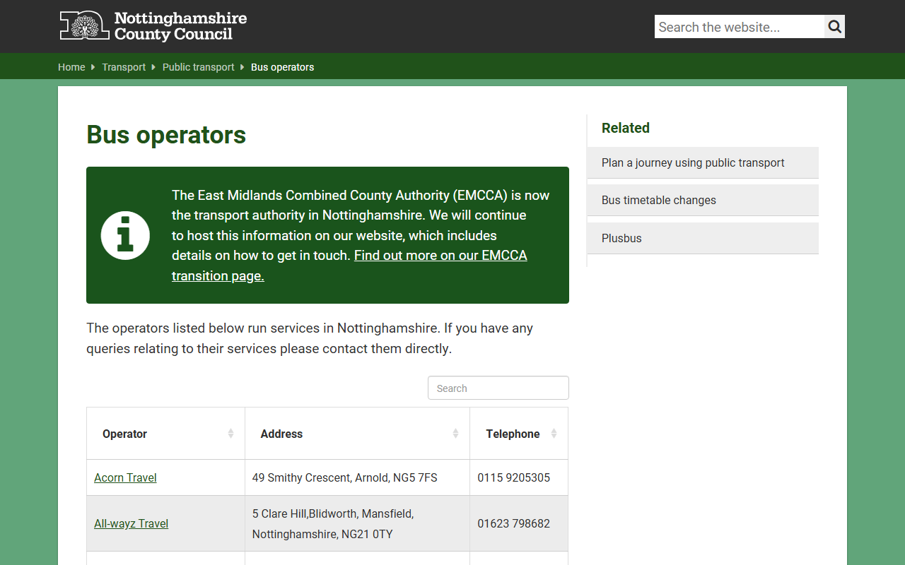 Nottingham County Council website screenshot showing their bus services and timetable information