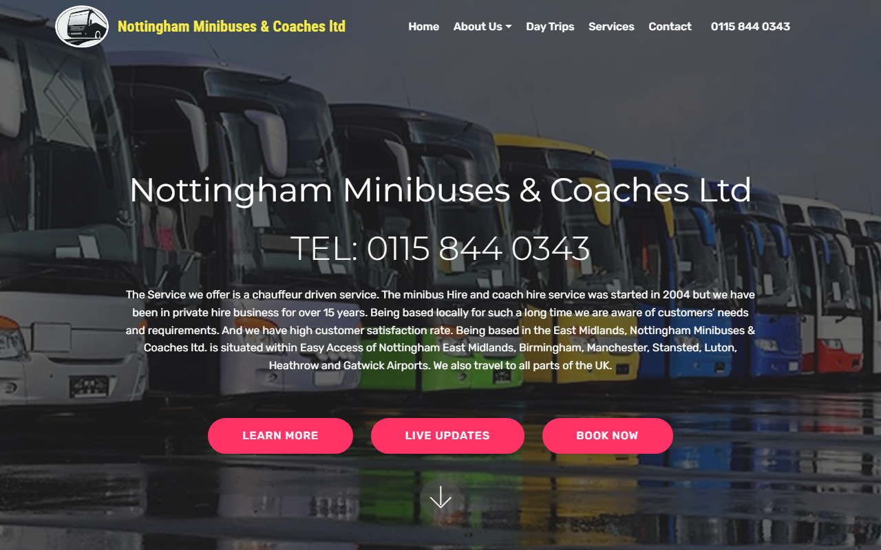 Nottingham Minibuses & Coaches Ltd website screenshot showing their bus services and timetable information