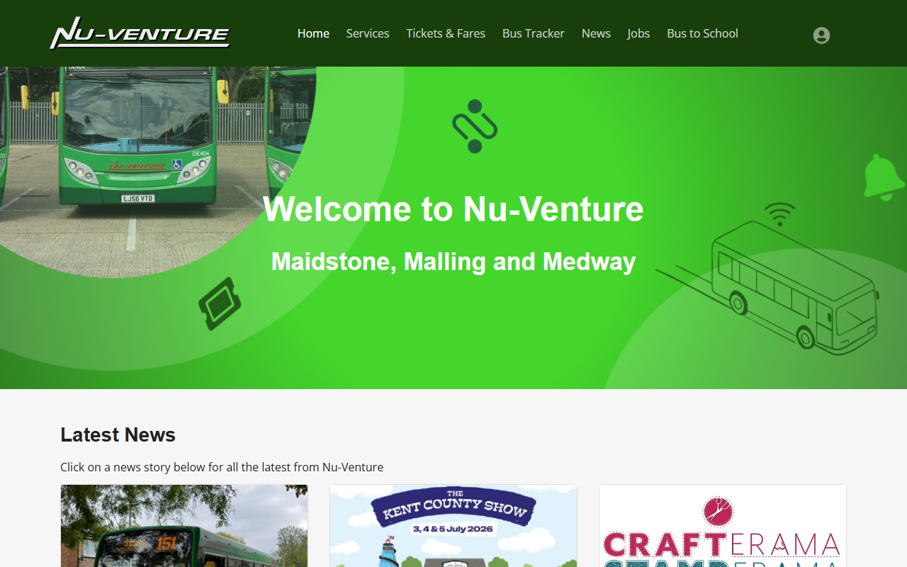 Nu-Venture website screenshot showing their bus services and timetable information
