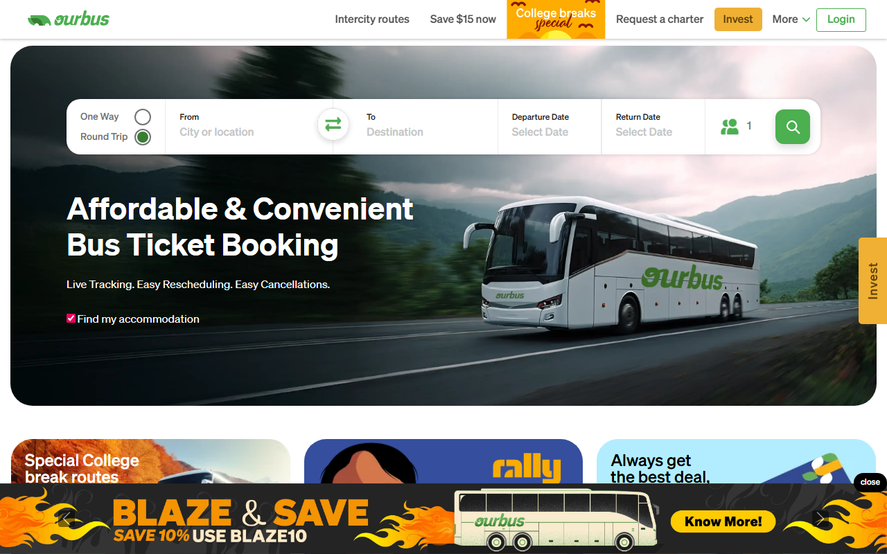 Our Bus website screenshot showing their bus services and timetable information