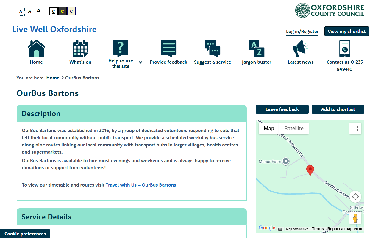 OurBus Bartons website screenshot showing their bus services and timetable information