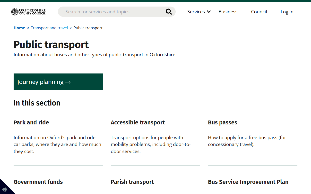 Oxfordshire County Coun website screenshot showing their bus services and timetable information