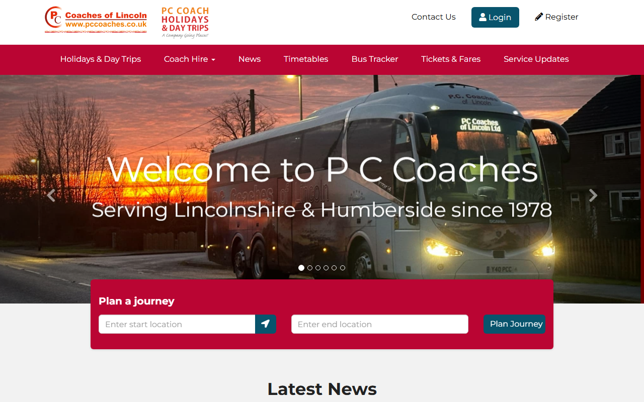 PC Coaches of Lincoln website screenshot showing their bus services and timetable information