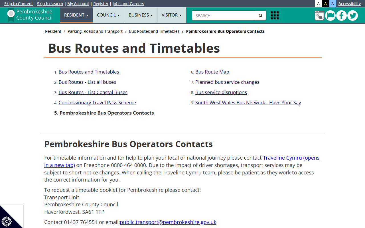 Pembrokeshire County Cou website screenshot showing their bus services and timetable information