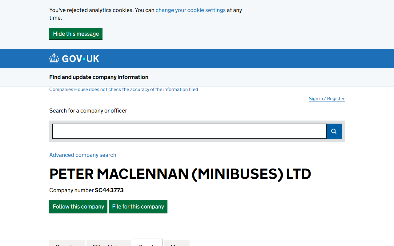 Peter MacLennan website screenshot showing their bus services and timetable information