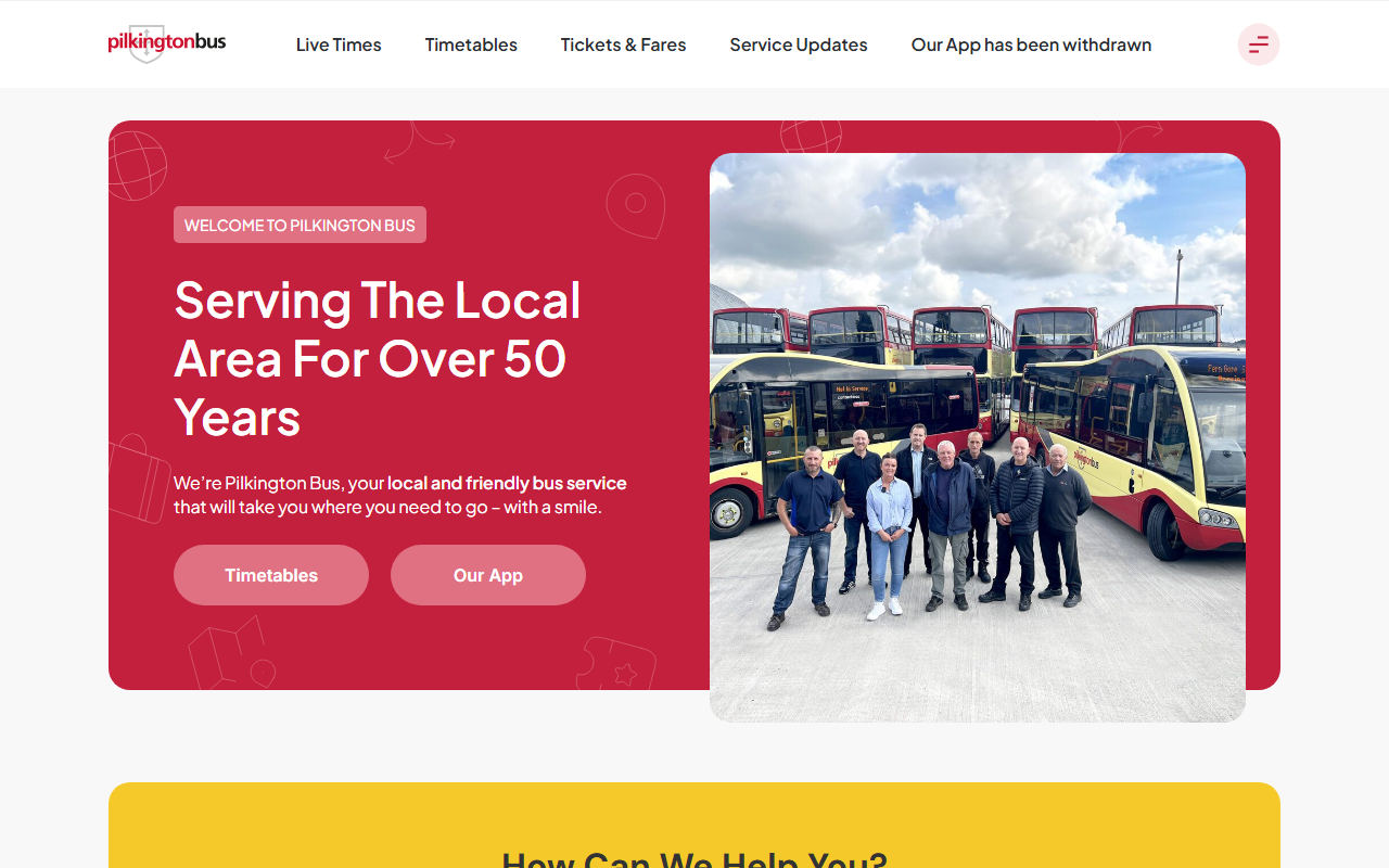 Pilkingtonbus website screenshot showing their bus services and timetable information