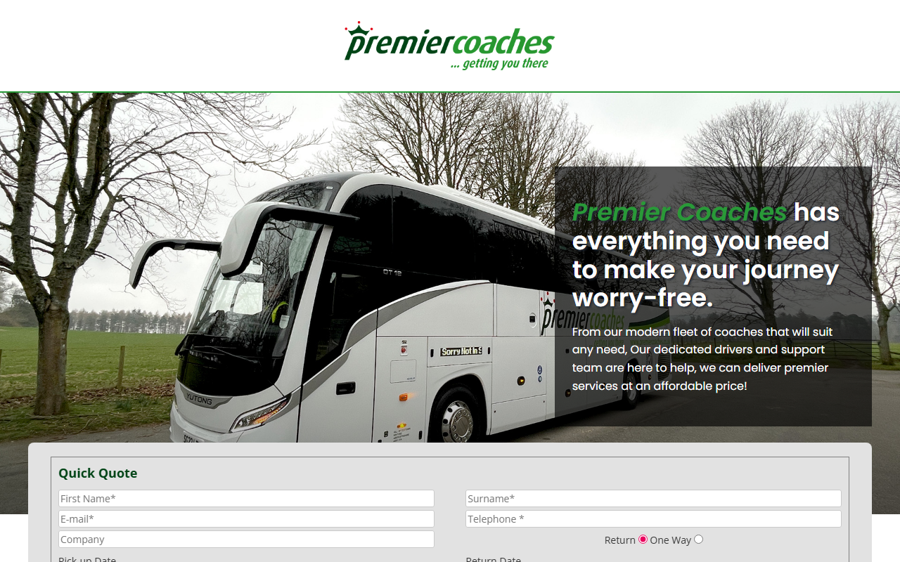 Premier Coaches website screenshot showing their bus services and timetable information