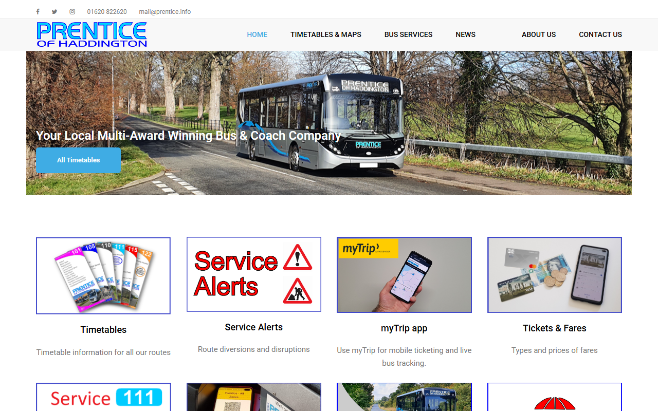 Prentice Coaches website screenshot showing their bus services and timetable information