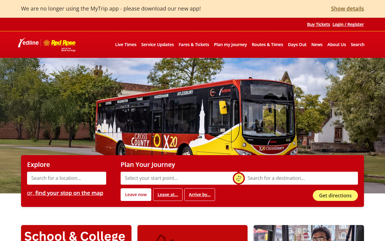 Red Rose Travel website screenshot showing their bus services and timetable information