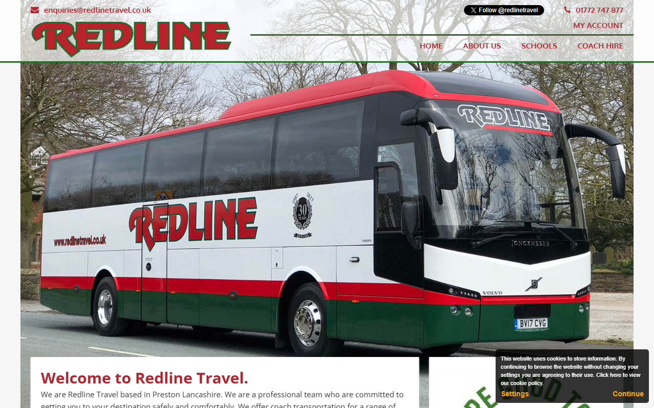 Redline Travel Ltd website screenshot showing their bus services and timetable information