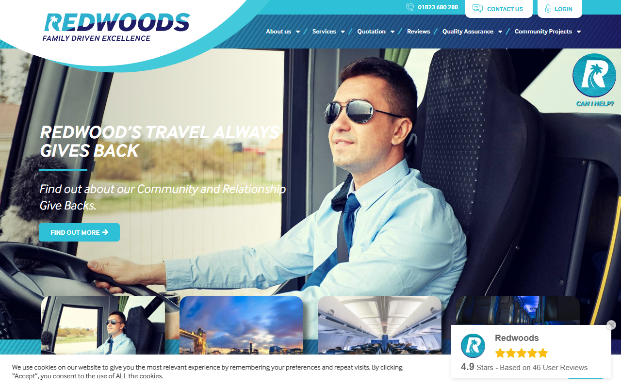 Redwoods Travel website screenshot showing their bus services and timetable information