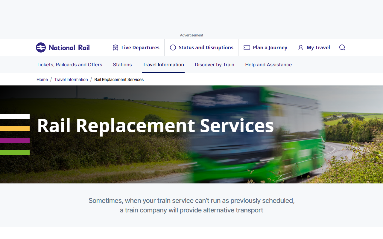 Replacement Service website screenshot showing their bus services and timetable information