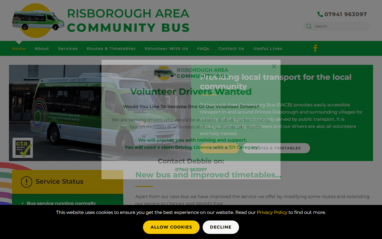 Risborough Area Communit website screenshot showing their bus services and timetable information