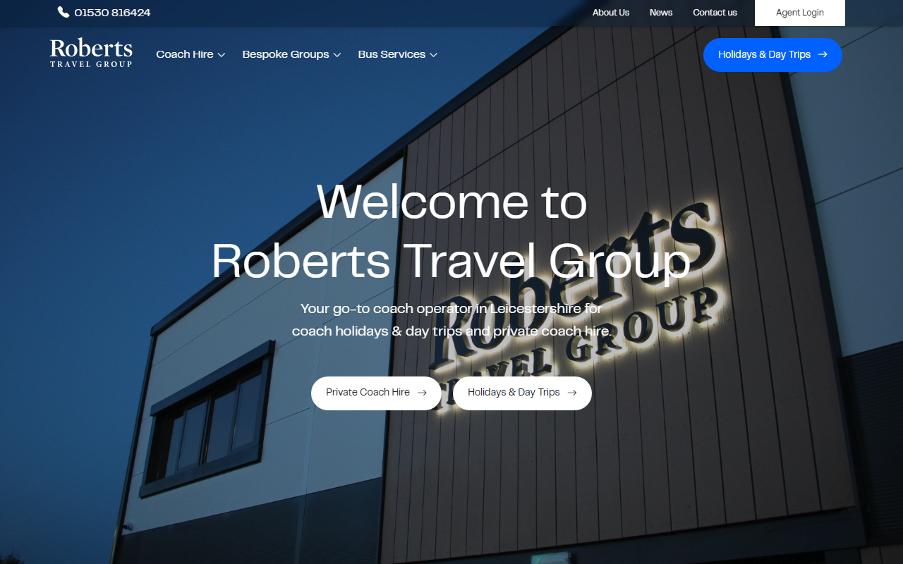 Roberts Travel Group website screenshot showing their bus services and timetable information