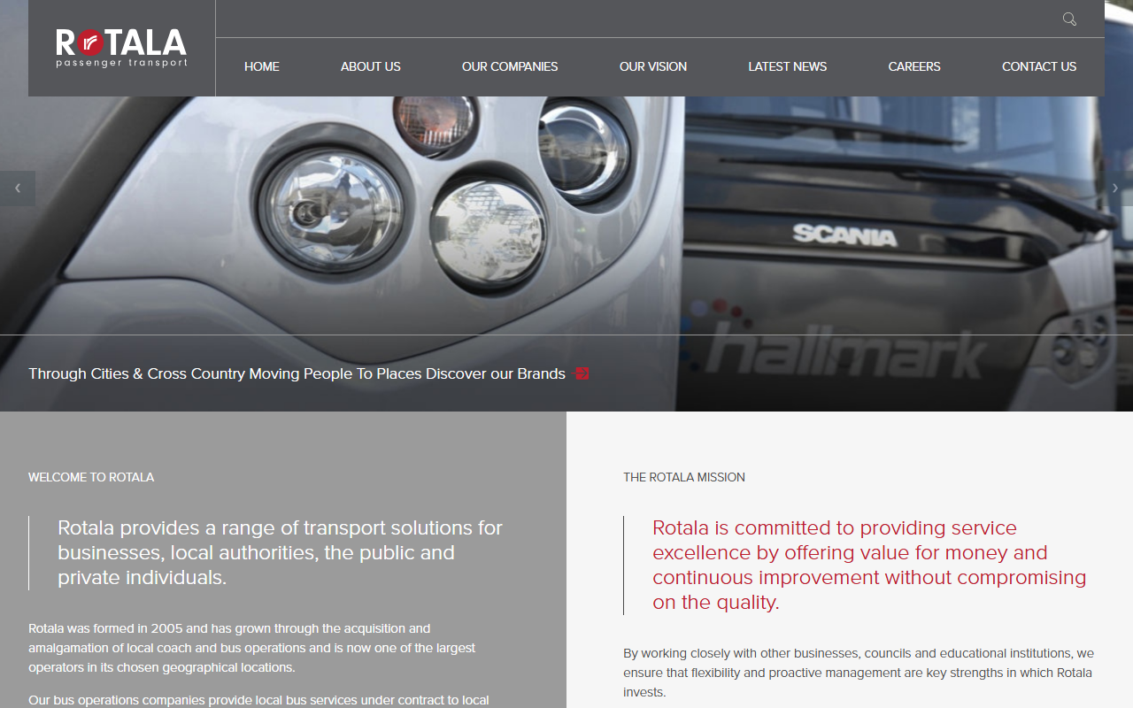 Rotala Group of Companies website screenshot showing their bus services and timetable information