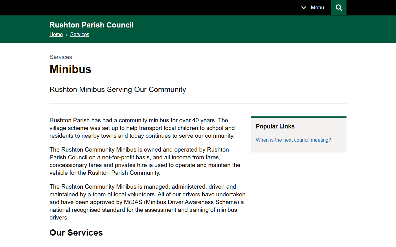 Rushton Community Minibu website screenshot showing their bus services and timetable information