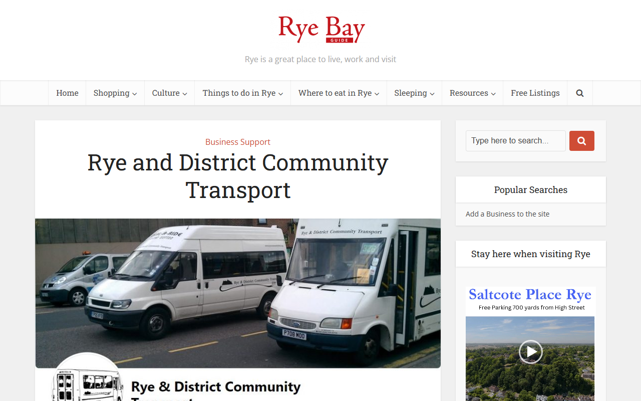 Rye Community Transport website screenshot showing their bus services and timetable information
