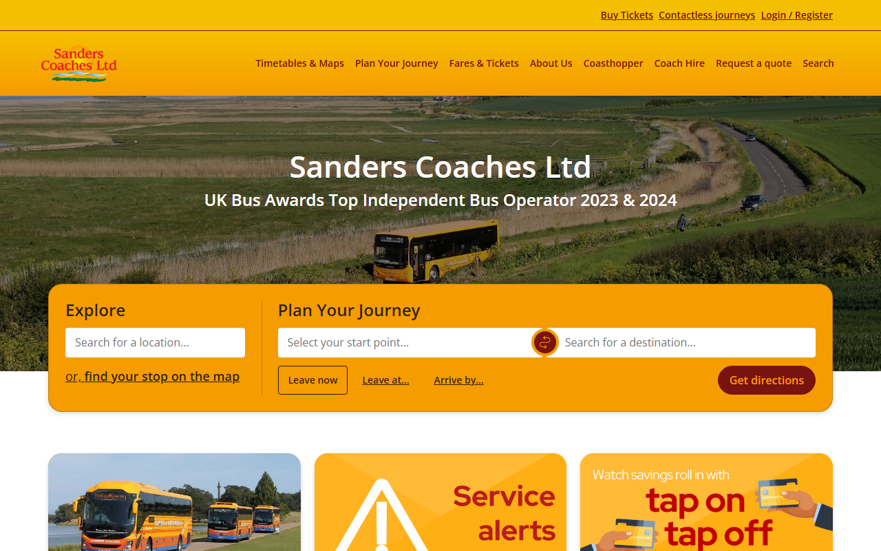 Sanders Coaches website screenshot showing their bus services and timetable information