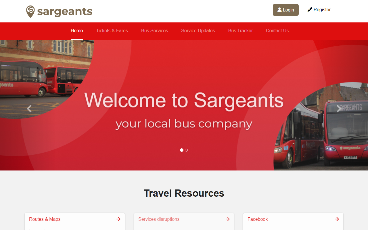Sargeants Bros. Coaches Ltd website screenshot showing their bus services and timetable information