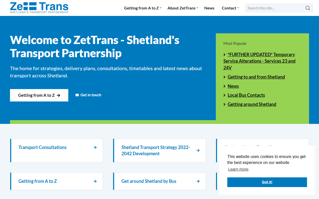 Shetland Ferries website screenshot showing their bus services and timetable information