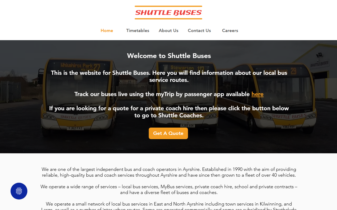 Shuttle Buses website screenshot showing their bus services and timetable information