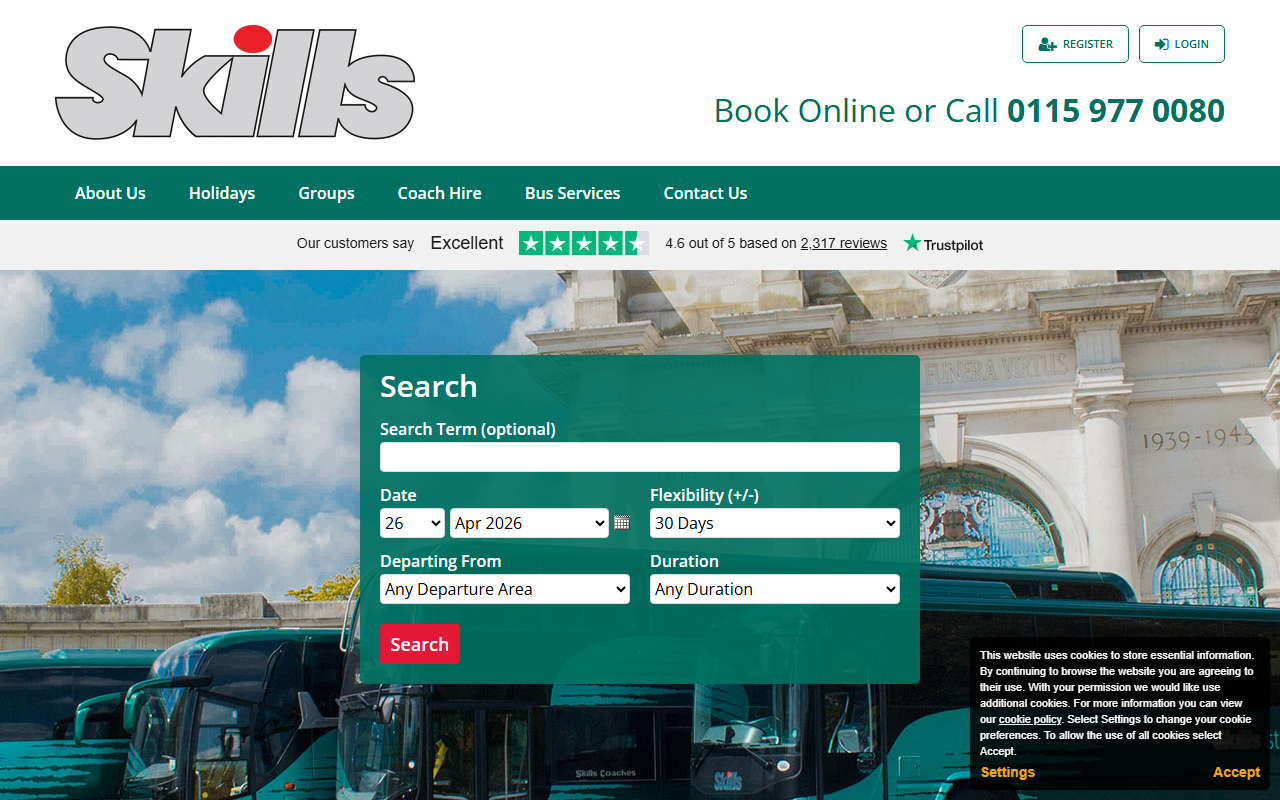 Skills Motor Coaches Ltd website screenshot showing their bus services and timetable information