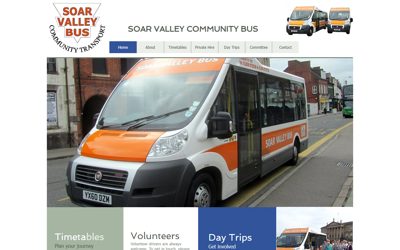 Soar Valley Community Bu website screenshot showing their bus services and timetable information