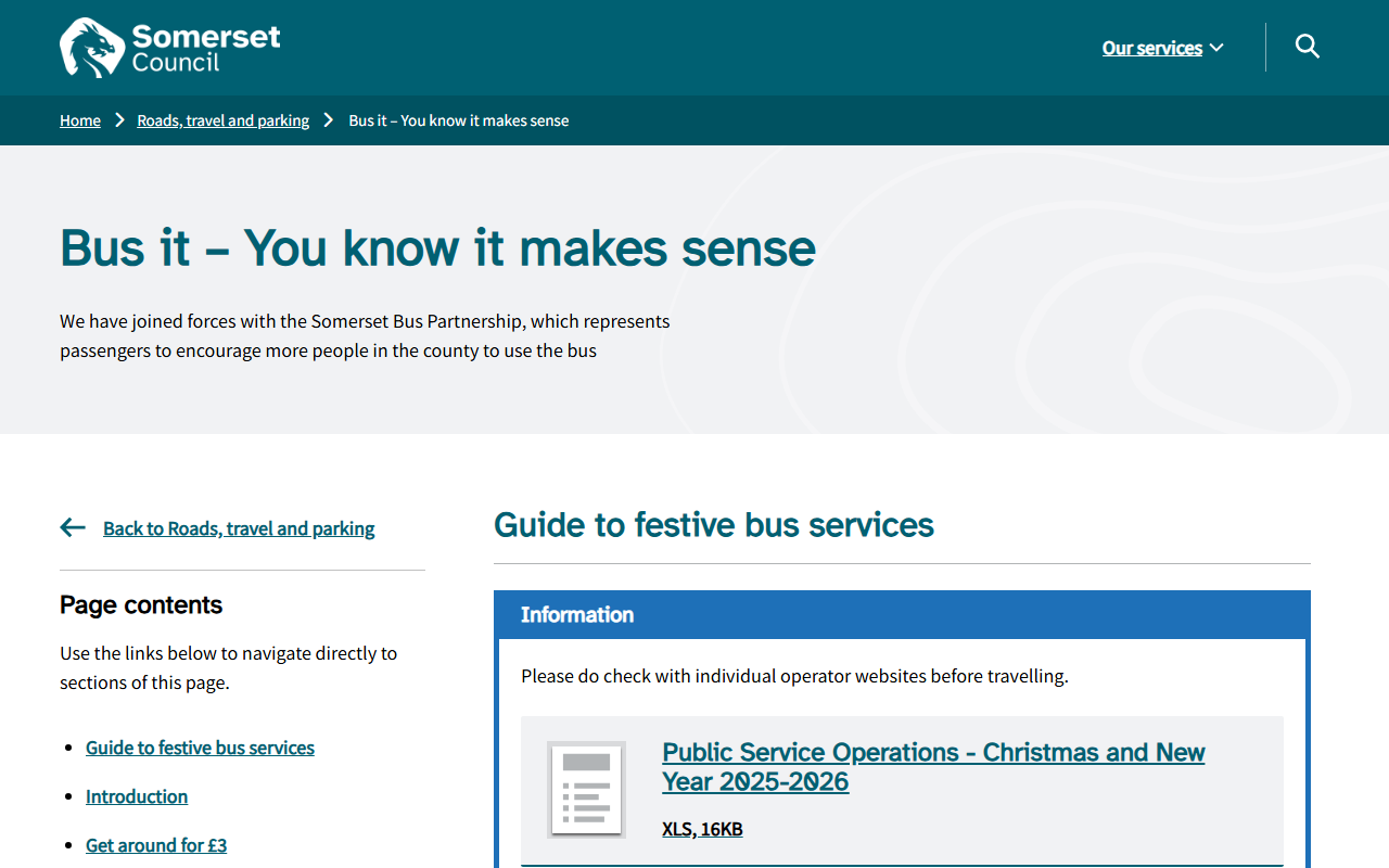 Somerset County Council (UILTA) website screenshot showing their bus services and timetable information
