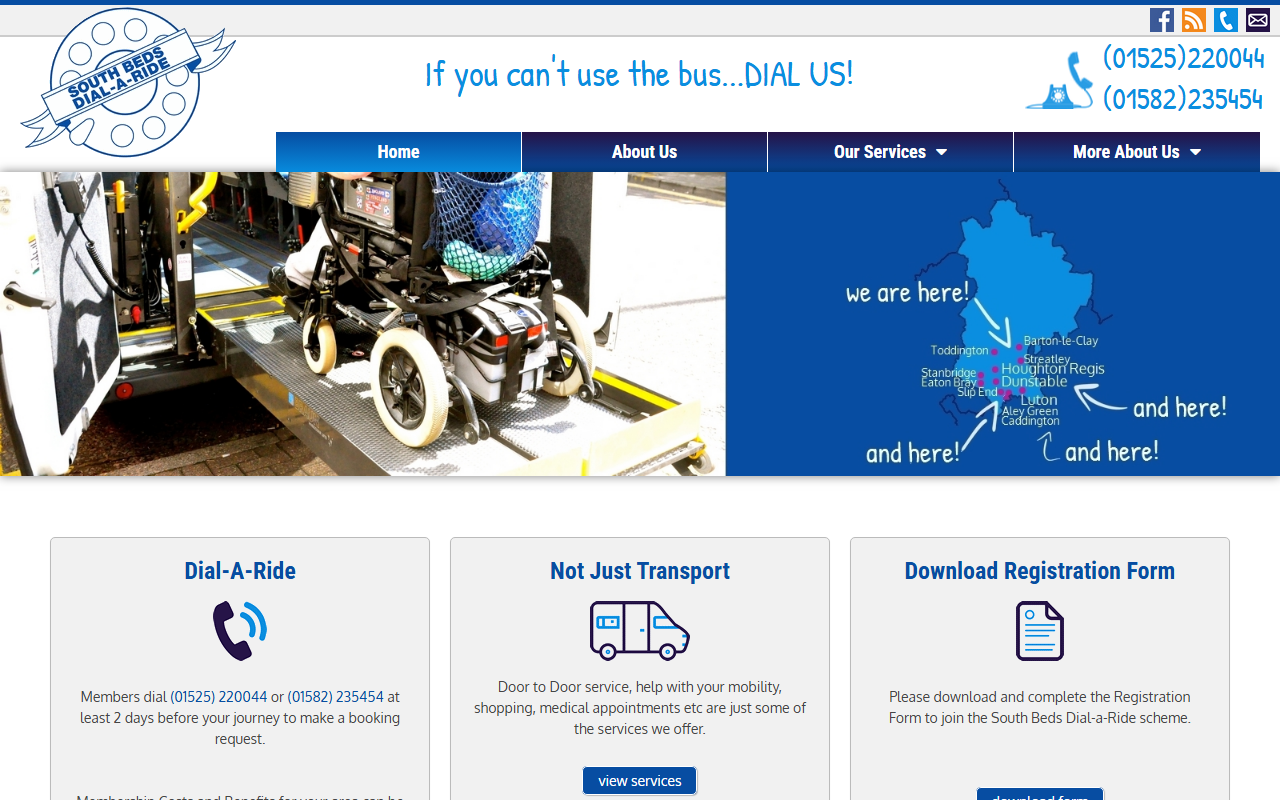 South Beds Dial-a-Ride website screenshot showing their bus services and timetable information
