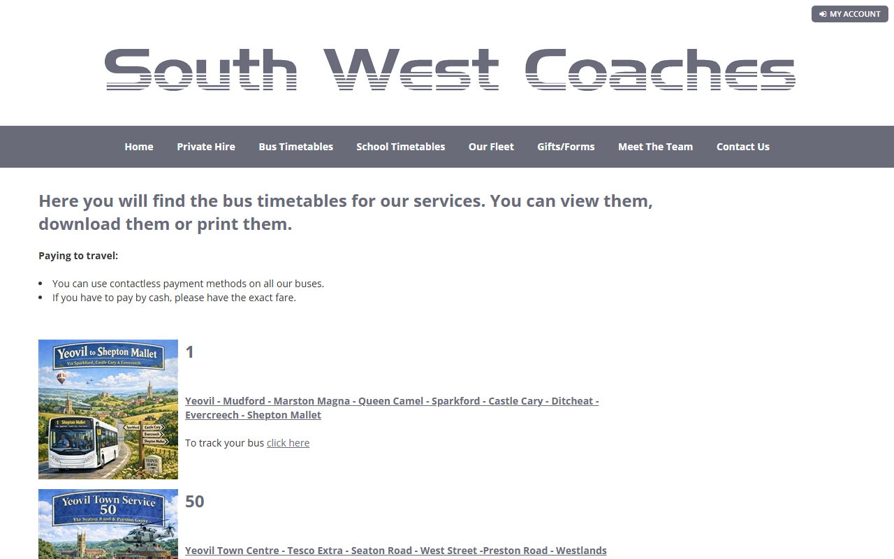 South Dorset Coaches website screenshot showing their bus services and timetable information