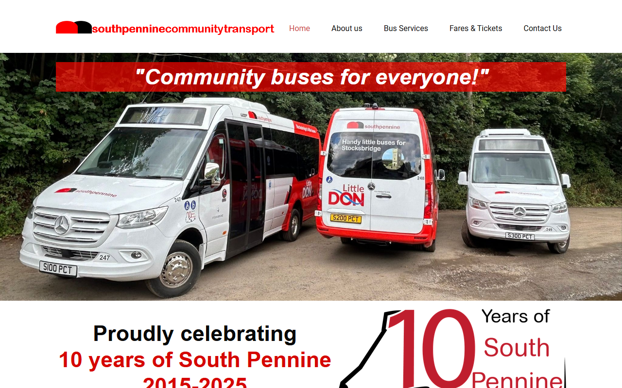South Pennine Community website screenshot showing their bus services and timetable information