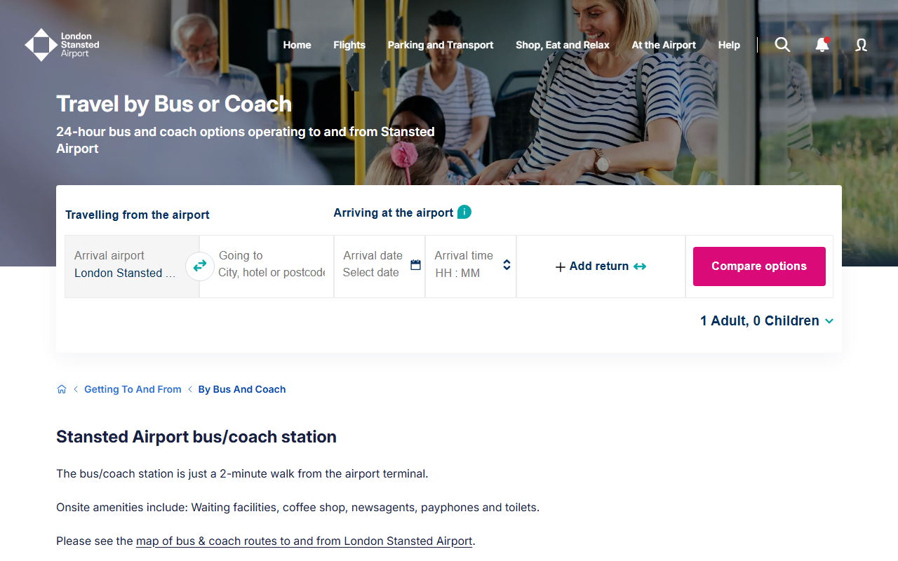 Stansted Airport Shuttle website screenshot showing their bus services and timetable information