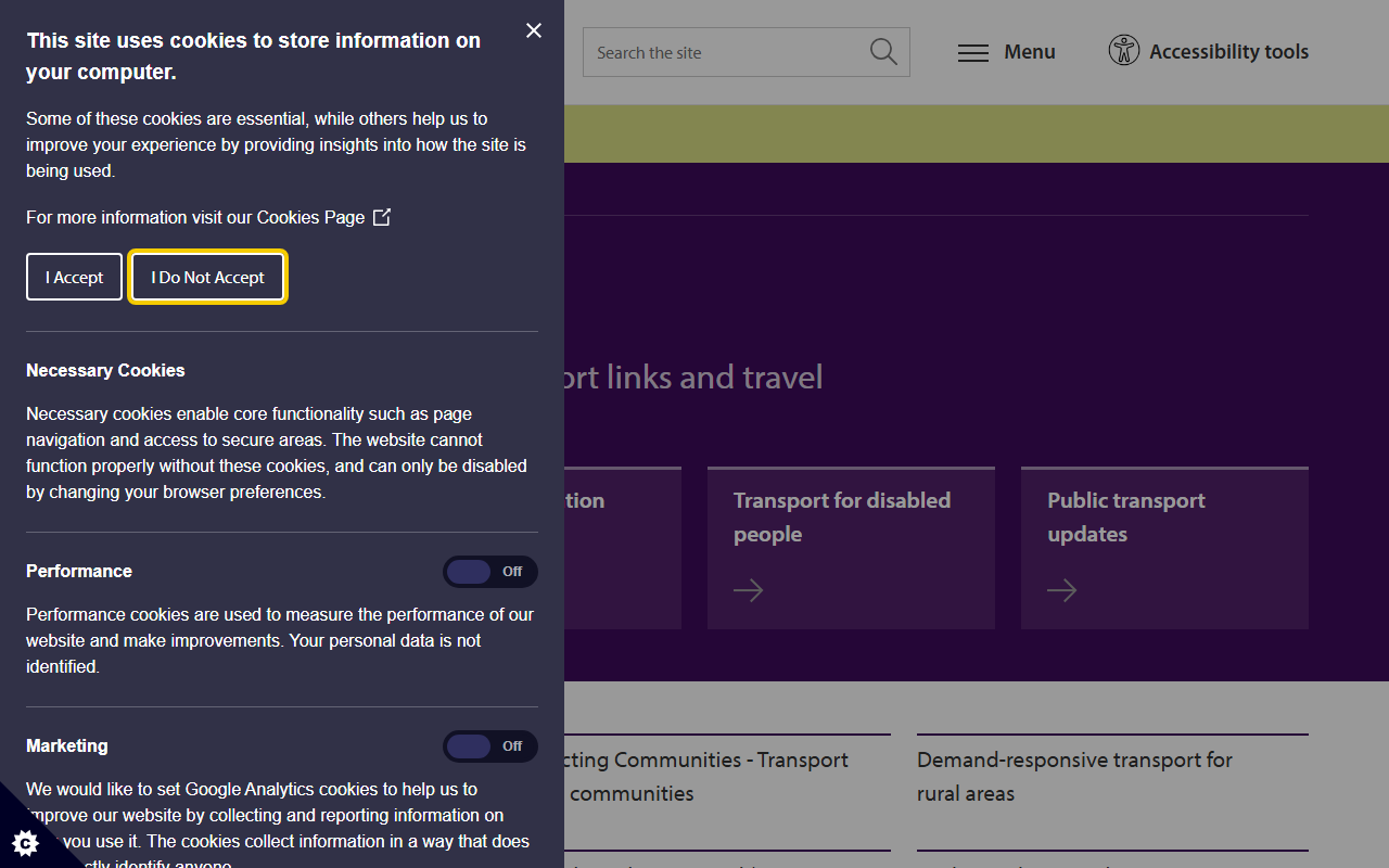 Stirling Council website screenshot showing their bus services and timetable information
