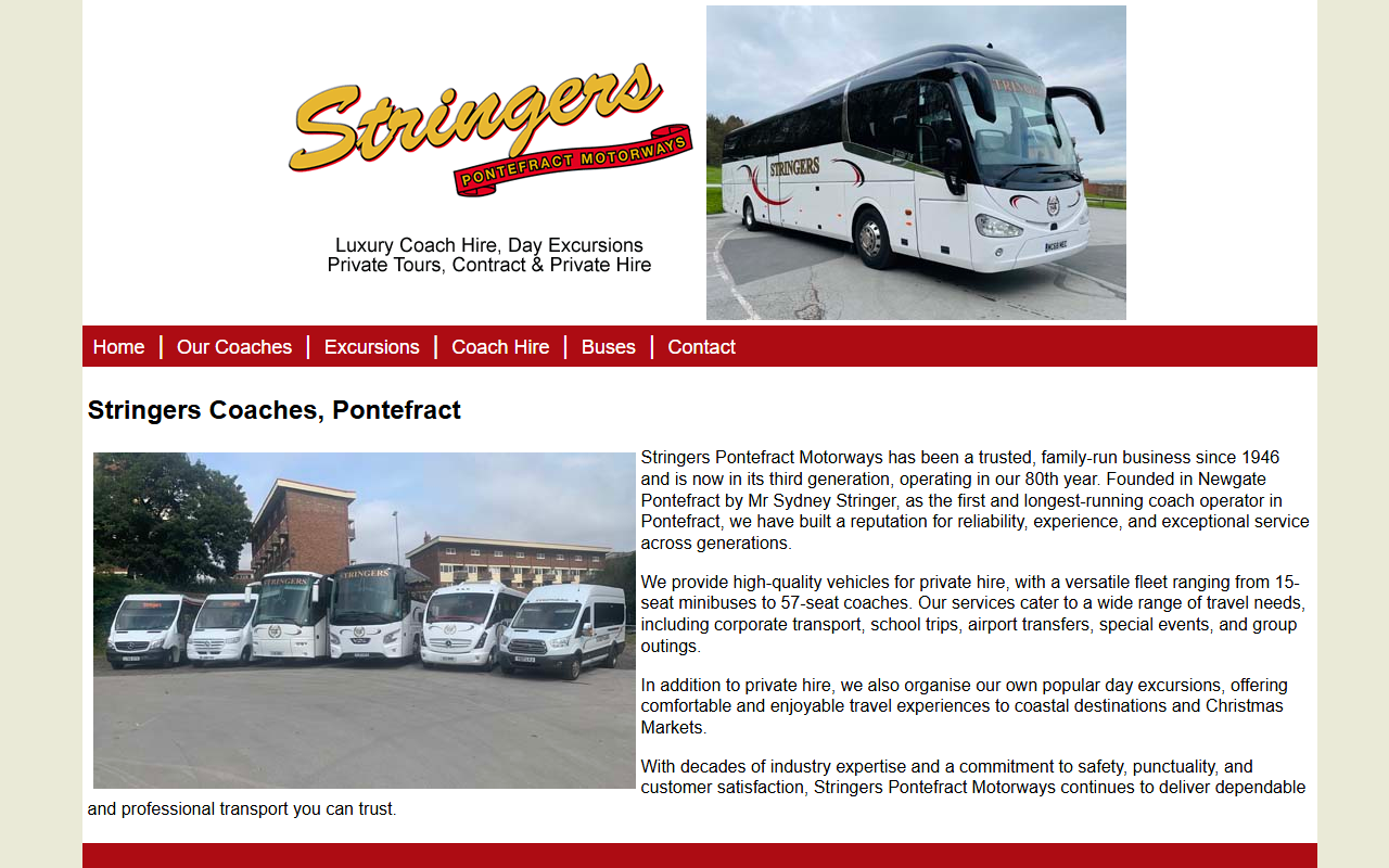 Stringers Pontefract Motorways website screenshot showing their bus services and timetable information