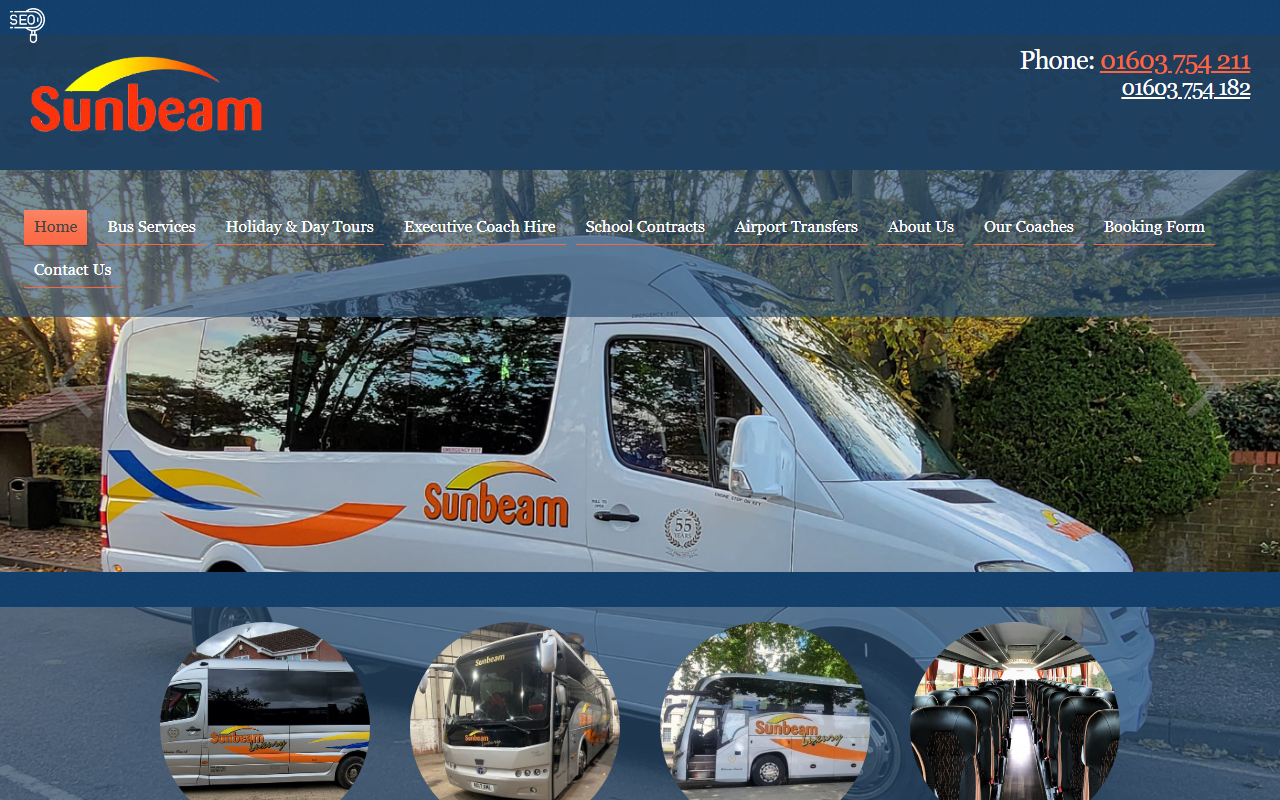 SUNBEAM LUXURY COACHES LTD website screenshot showing their bus services and timetable information