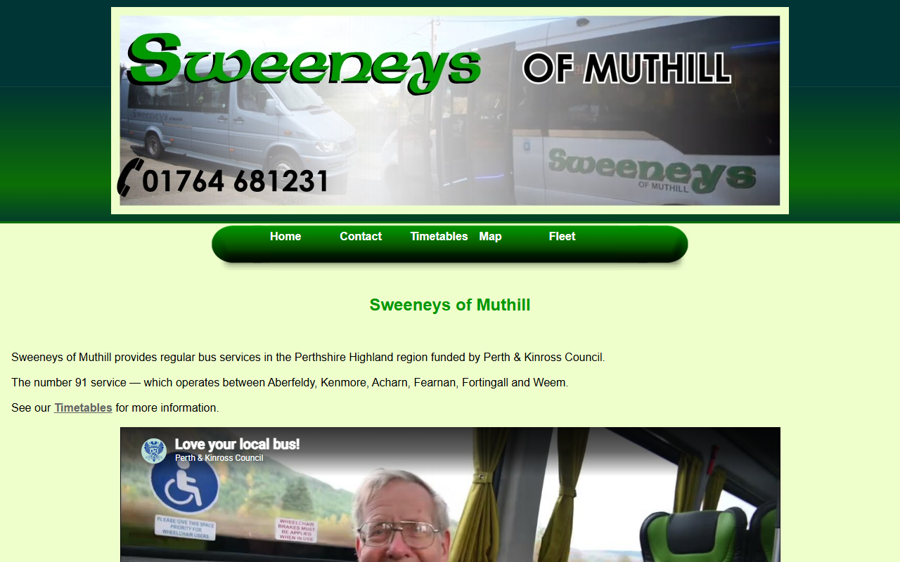 Sweeneys Garage website screenshot showing their bus services and timetable information