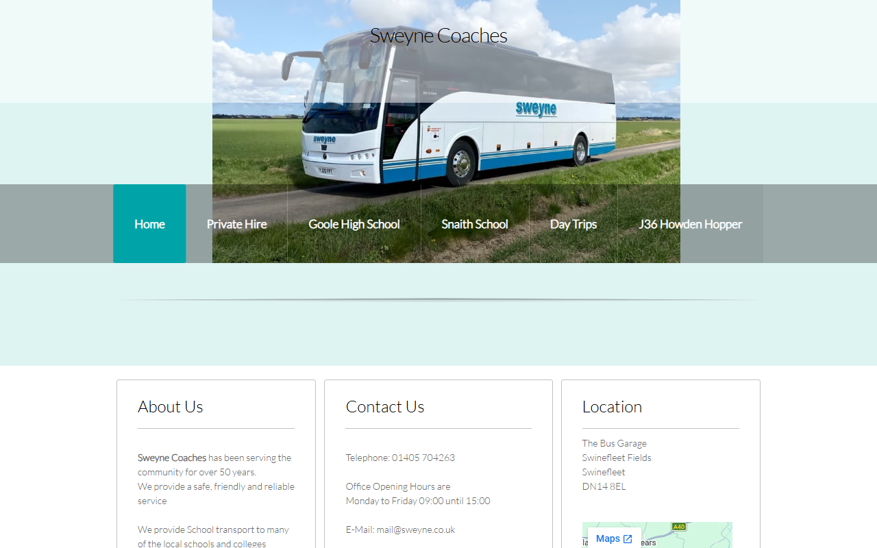 Sweyne Coaches website screenshot showing their bus services and timetable information