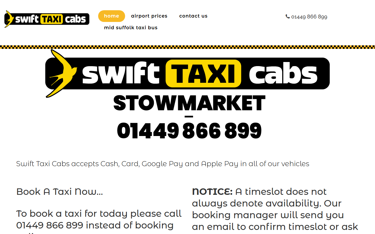 Swift Taxi Cabs Ltd website screenshot showing their bus services and timetable information