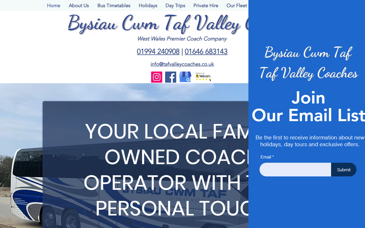 Taf Valley Coaches website screenshot showing their bus services and timetable information