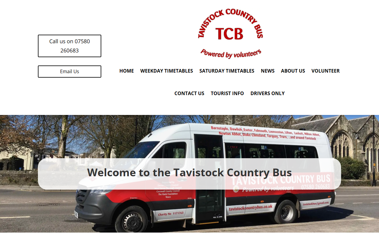 Tavistock Country Bus website screenshot showing their bus services and timetable information