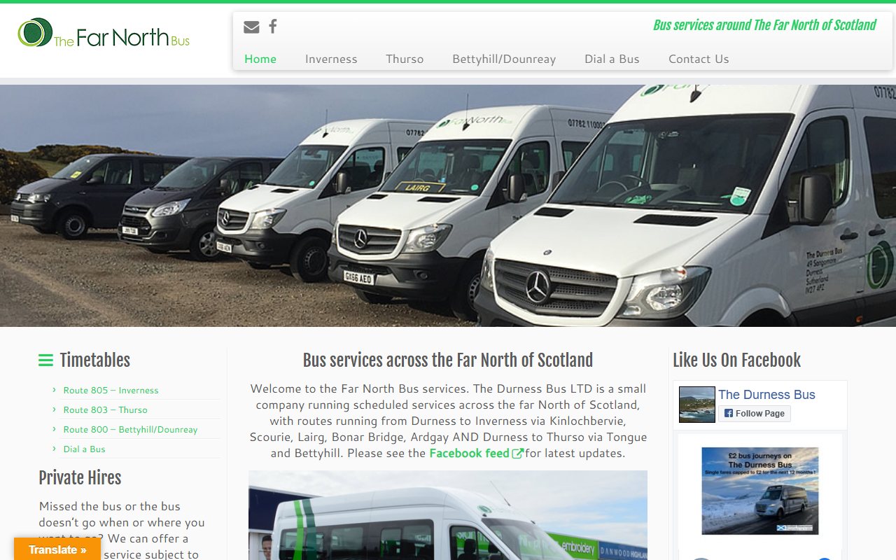 The Durness Bus website screenshot showing their bus services and timetable information
