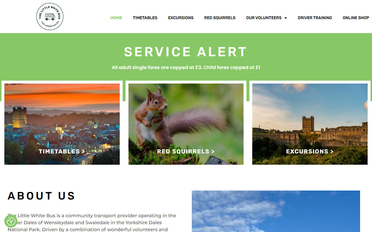The Little White Bus website screenshot showing their bus services and timetable information