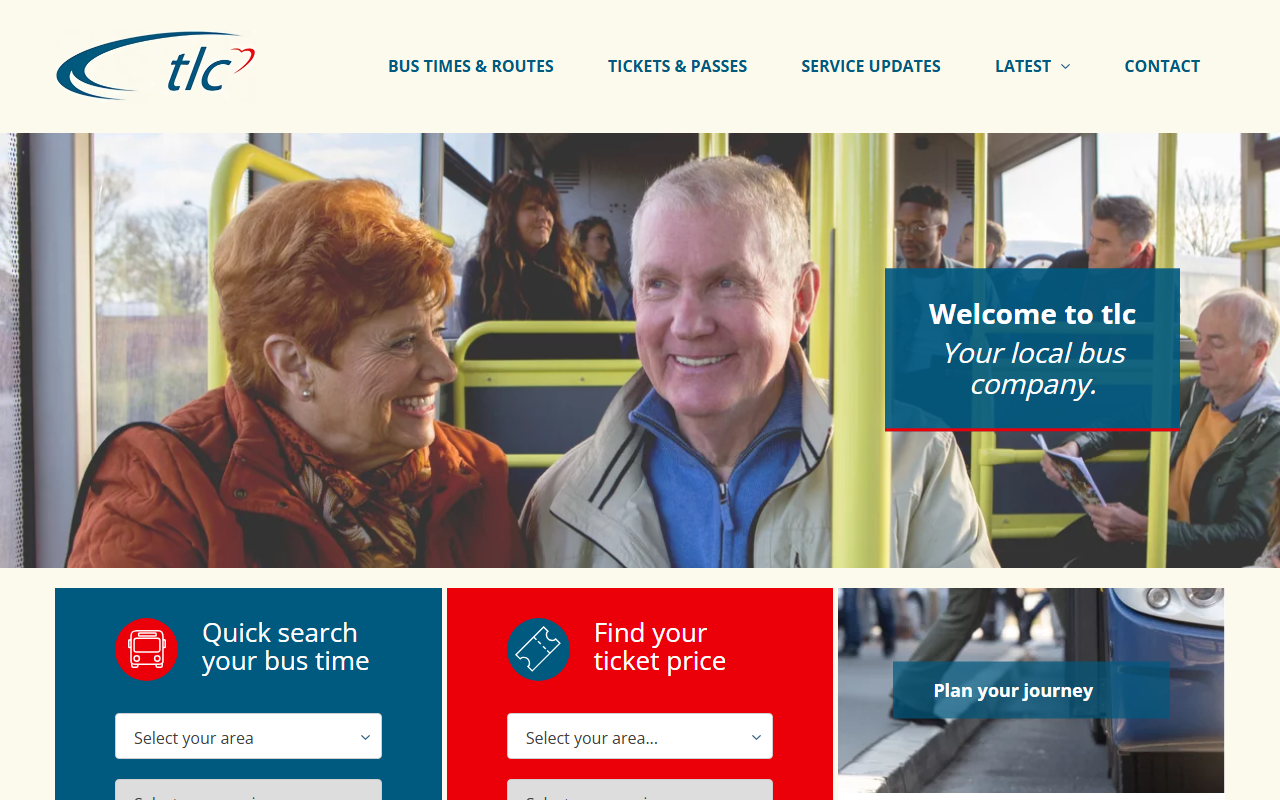 TLC Travel Ltd website screenshot showing their bus services and timetable information