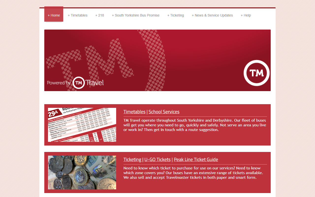 TM Travel Ltd website screenshot showing their bus services and timetable information