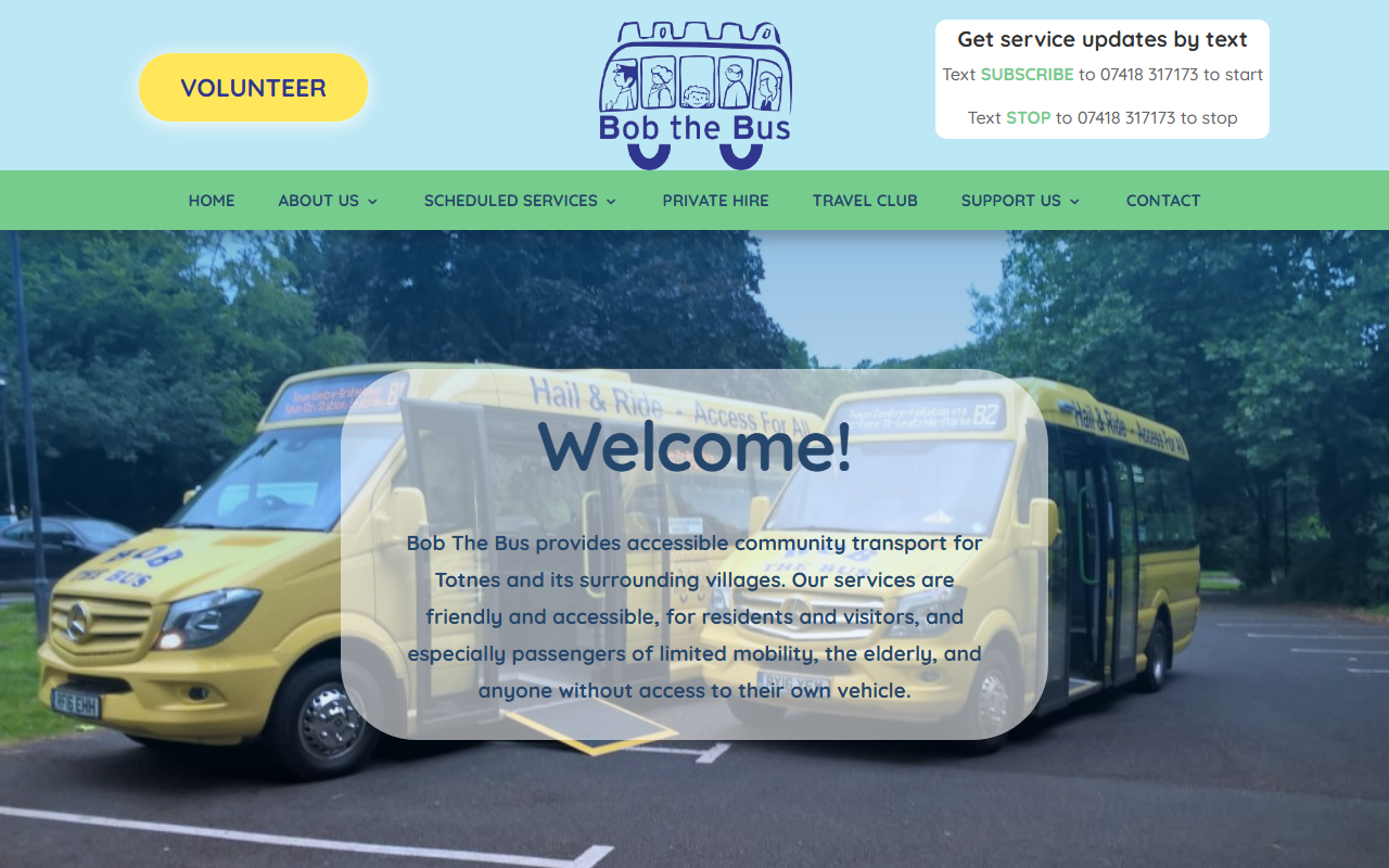 Totnes Community Bus website screenshot showing their bus services and timetable information