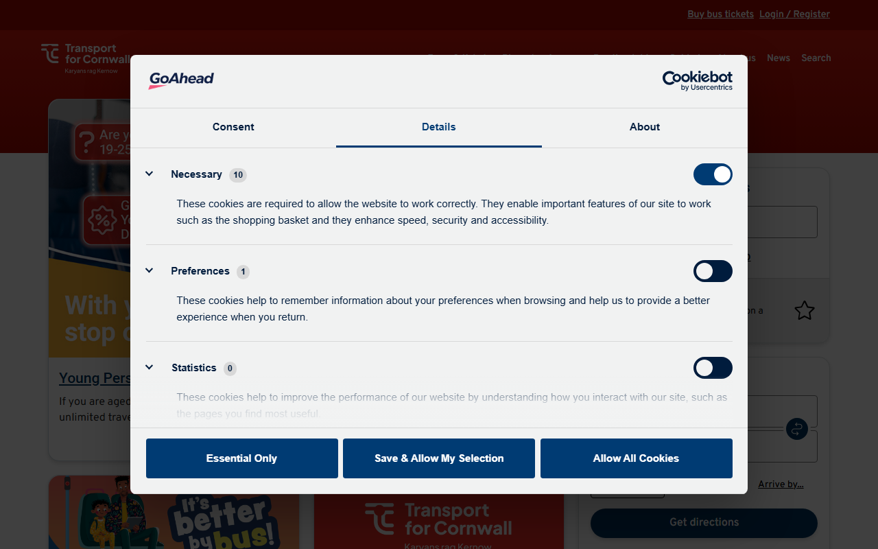 Travel Cornwall website screenshot showing their bus services and timetable information